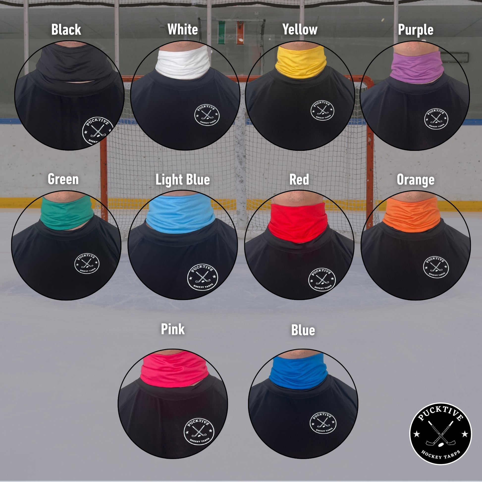 Display of Pucktive cut-resistant hockey neck guards in all colour options, showing full coverage design.