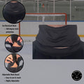 Pucktive hockey neck guard cut-protection diagram highlighting cut resistant coverage and available fastener options.