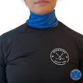 Female hockey player wearing blue Pucktive cut-resistant neck guard.