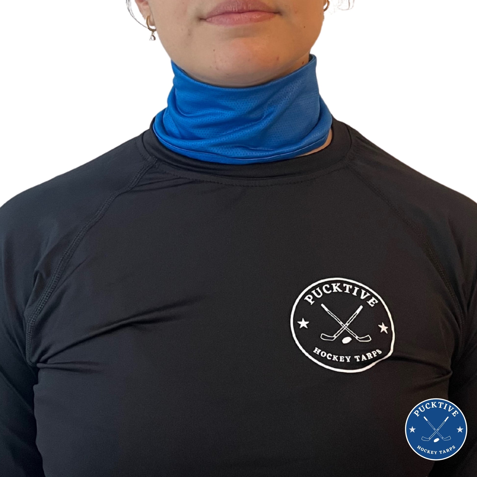 Female hockey player wearing blue Pucktive cut-resistant neck guard.