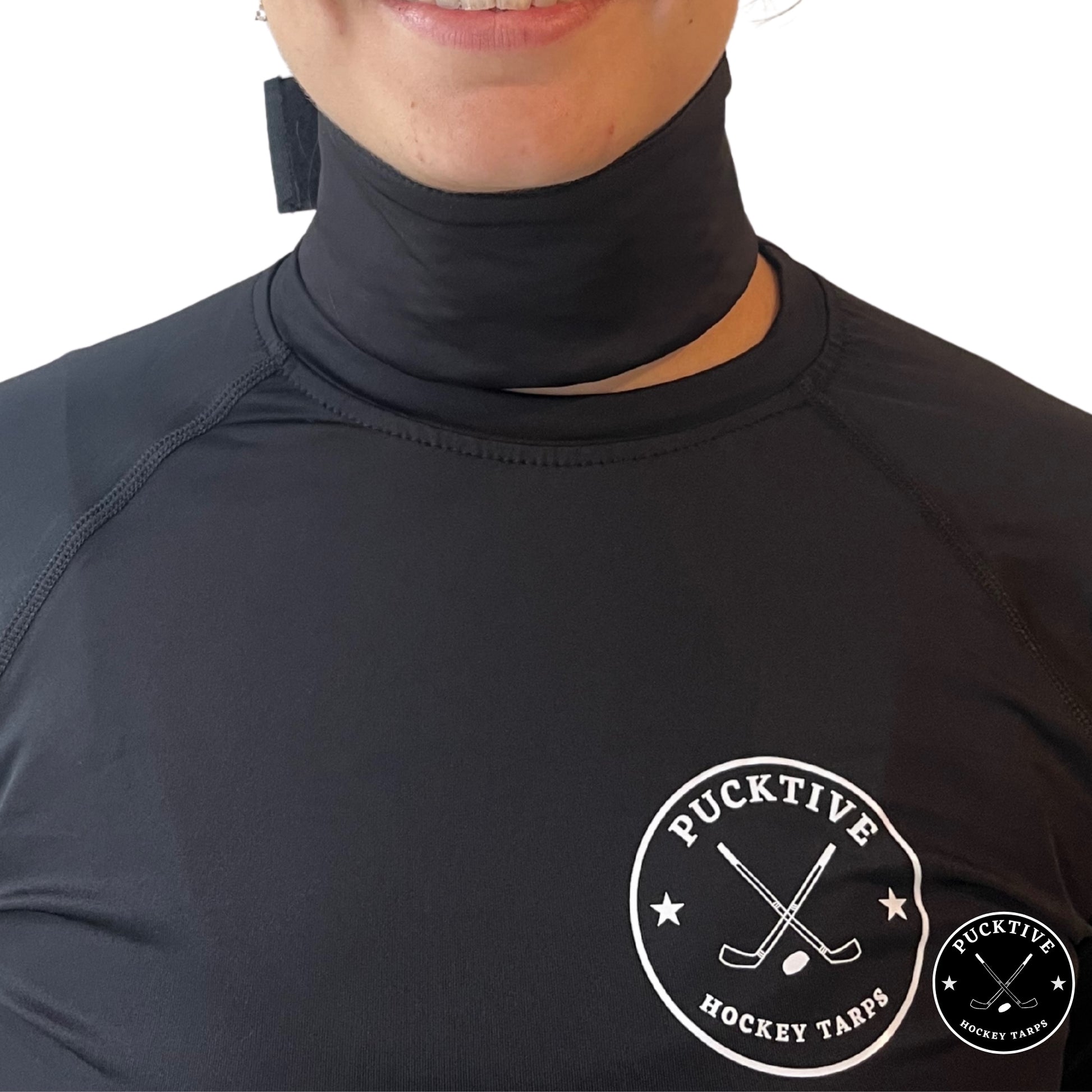 Female hockey player wearing black Pucktive cut-resistant neck guard.