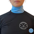 Female hockey player wearing light blue Pucktive cut-resistant neck guard.