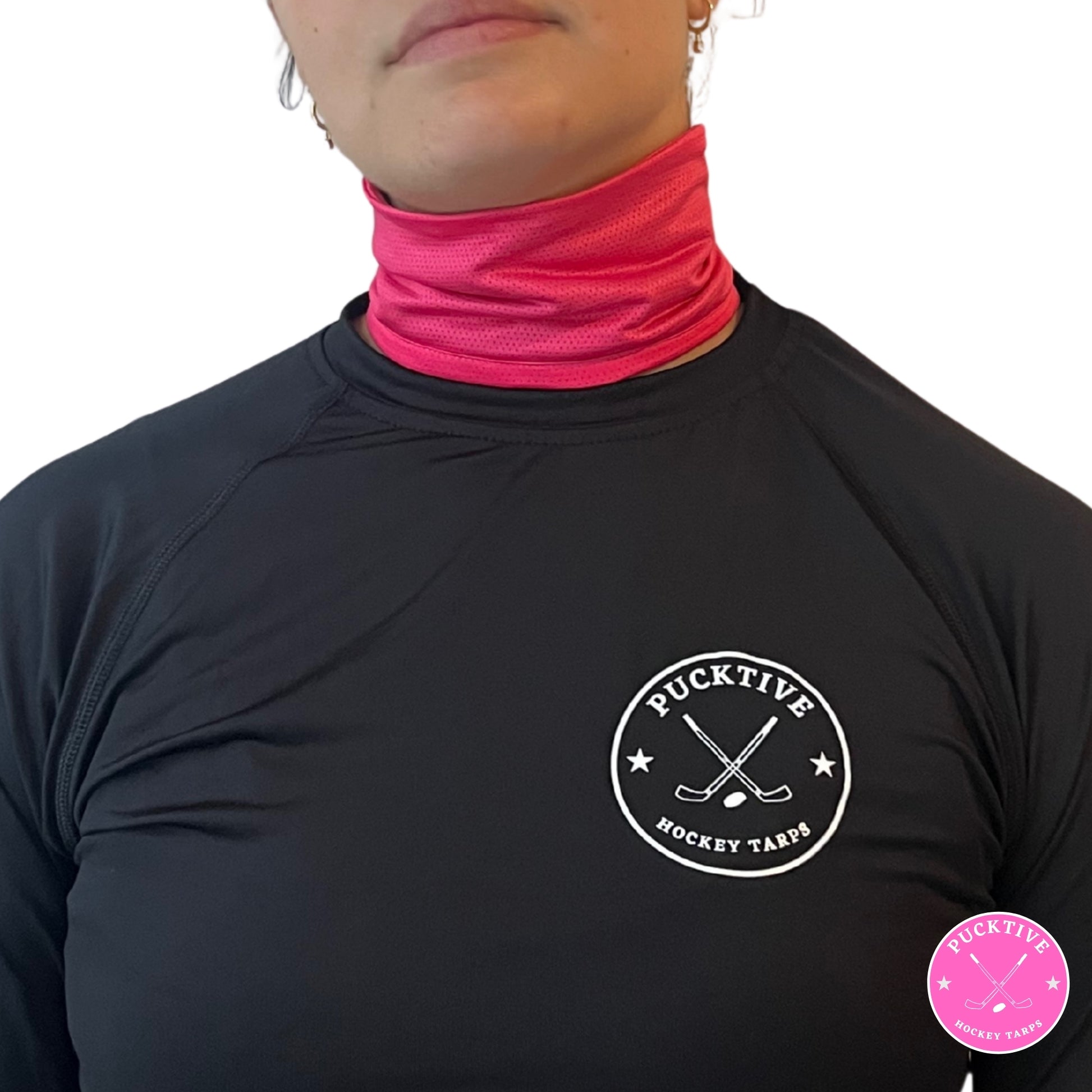 Female hockey player wearing pink Pucktive cut-resistant neck guard.