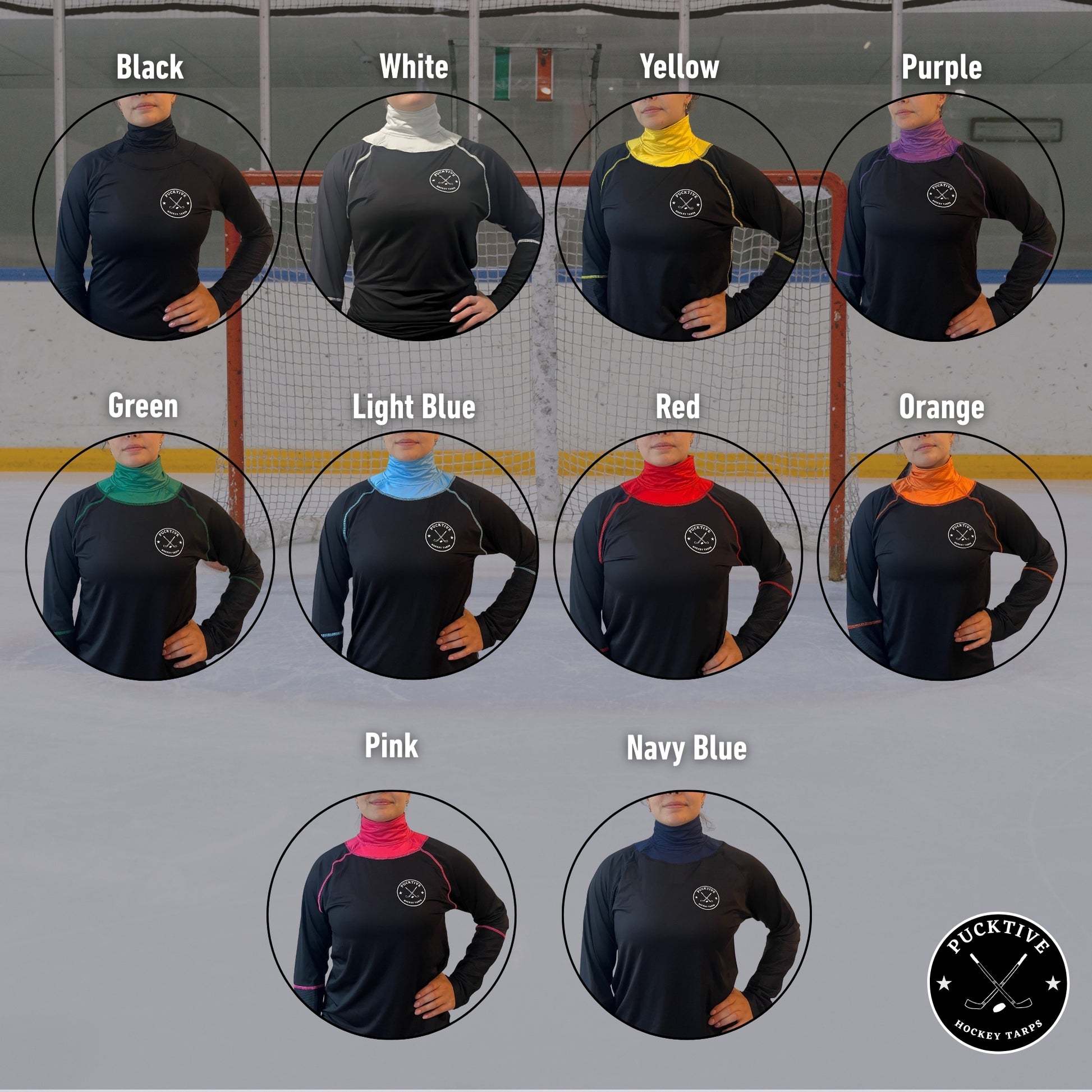 Display of Girls’ Base A2 coloured hockey neck guards showing cut-resistant designs and available colour options.