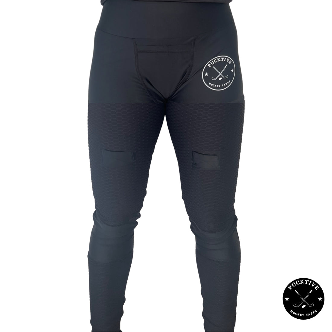 Front view of Girl’s Base A2 cut-resistant goalie jill leggings showing thigh, groin, calf, and Achilles protection zones.