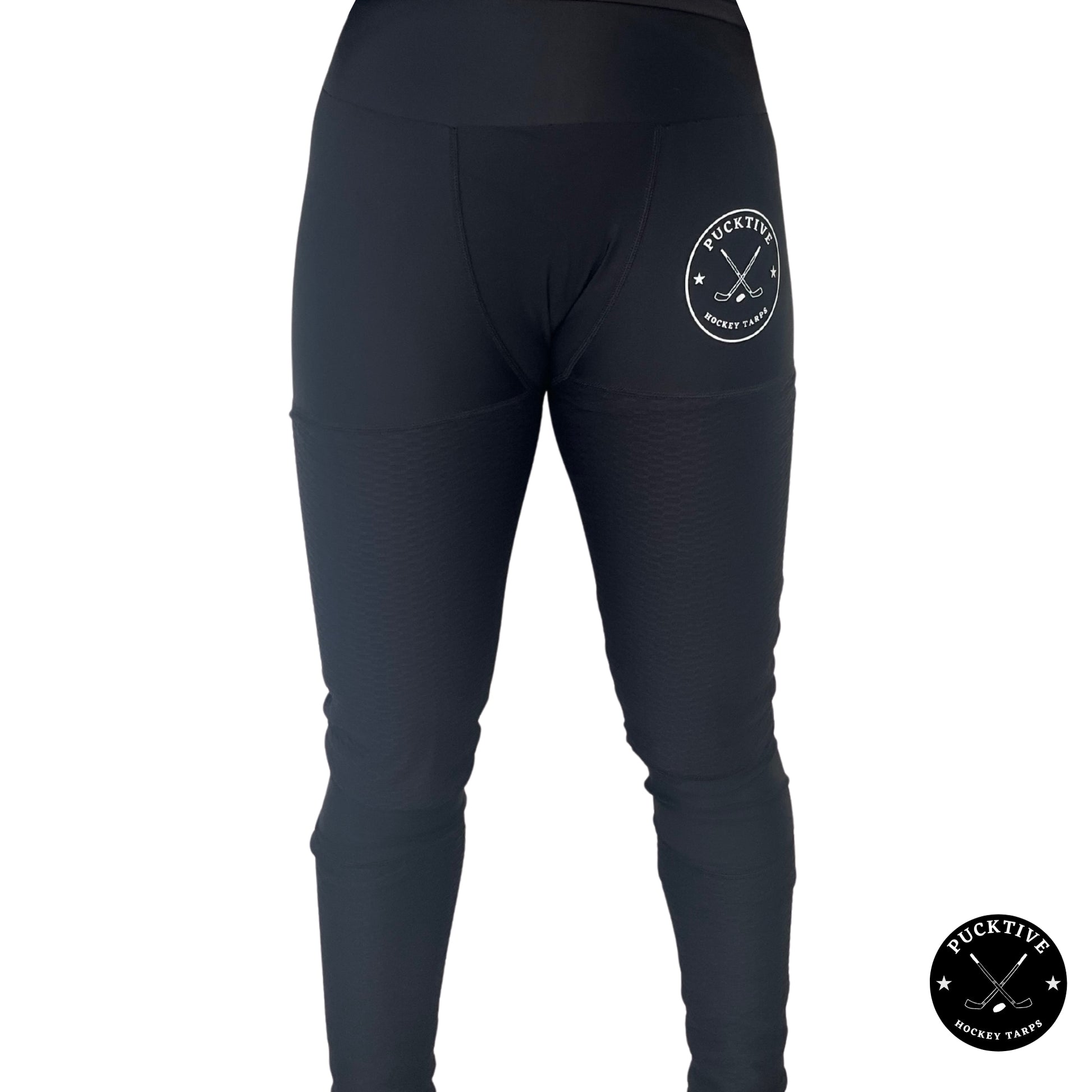 Front view of Girl’s Base A2 cut-resistant goalie leggings showing thigh, groin, calf, and Achilles protection zones.