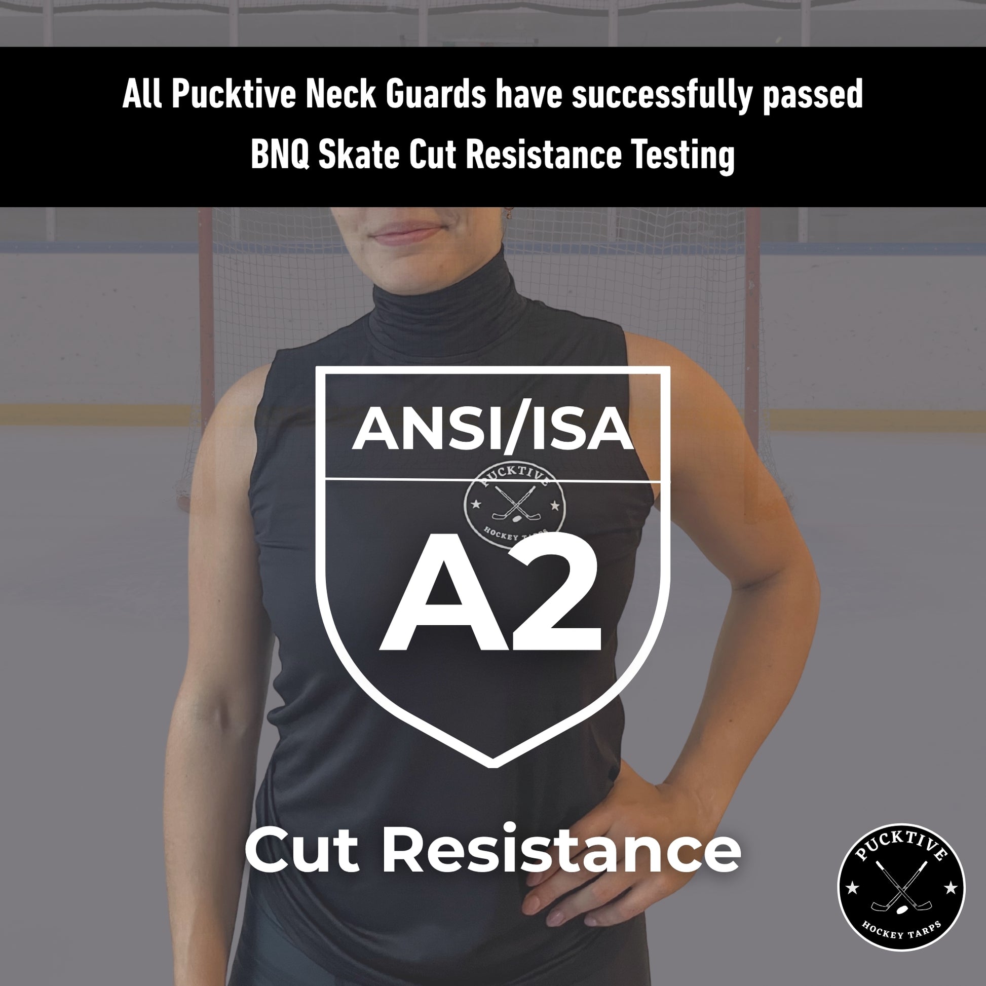 Testing and certification page for Girl’s Base A2 cut-resistant hockey tank top, showing BNQ and ANSI cut-resistance results.