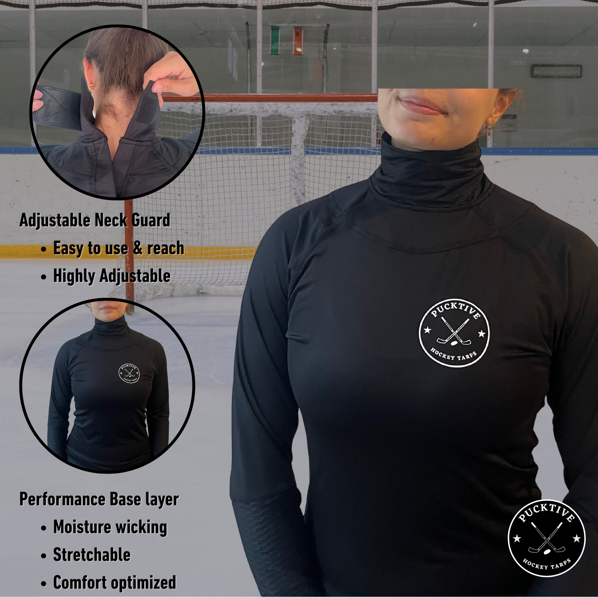 Informational graphic for Pucktive Girl’s Base A2 full hockey tarp highlighting fabric and safety features.