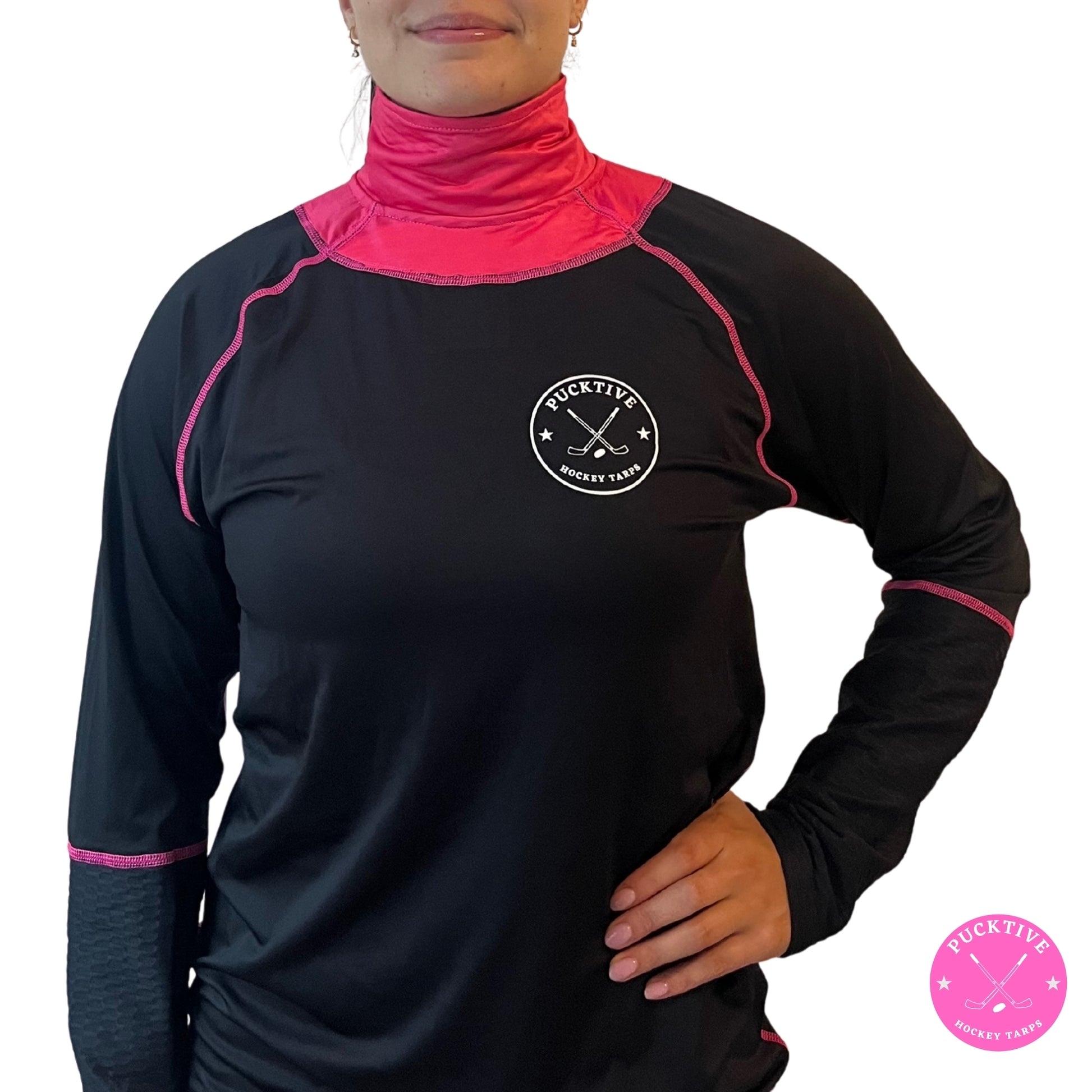 Girl’s Base A2 full hockey tarp in pink neck guard design showing BNQ-tested neck and wrist cut protection.