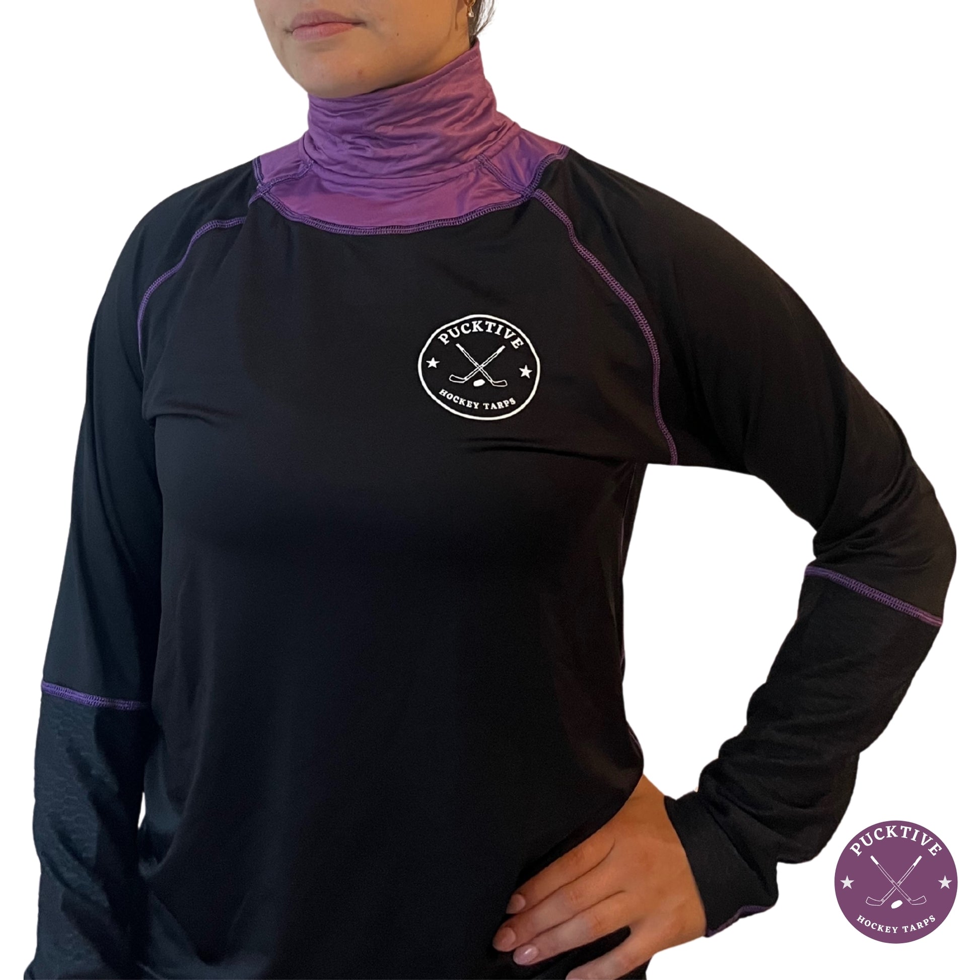 Girl’s Base A2 full hockey tarp in purple neck guard design showing BNQ-tested neck and wrist cut protection.