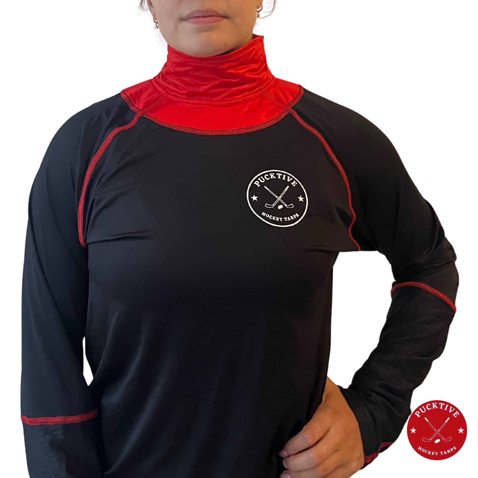 Girl’s Base A2 full hockey tarp in red neck guard design showing BNQ-tested neck and wrist cut protection.