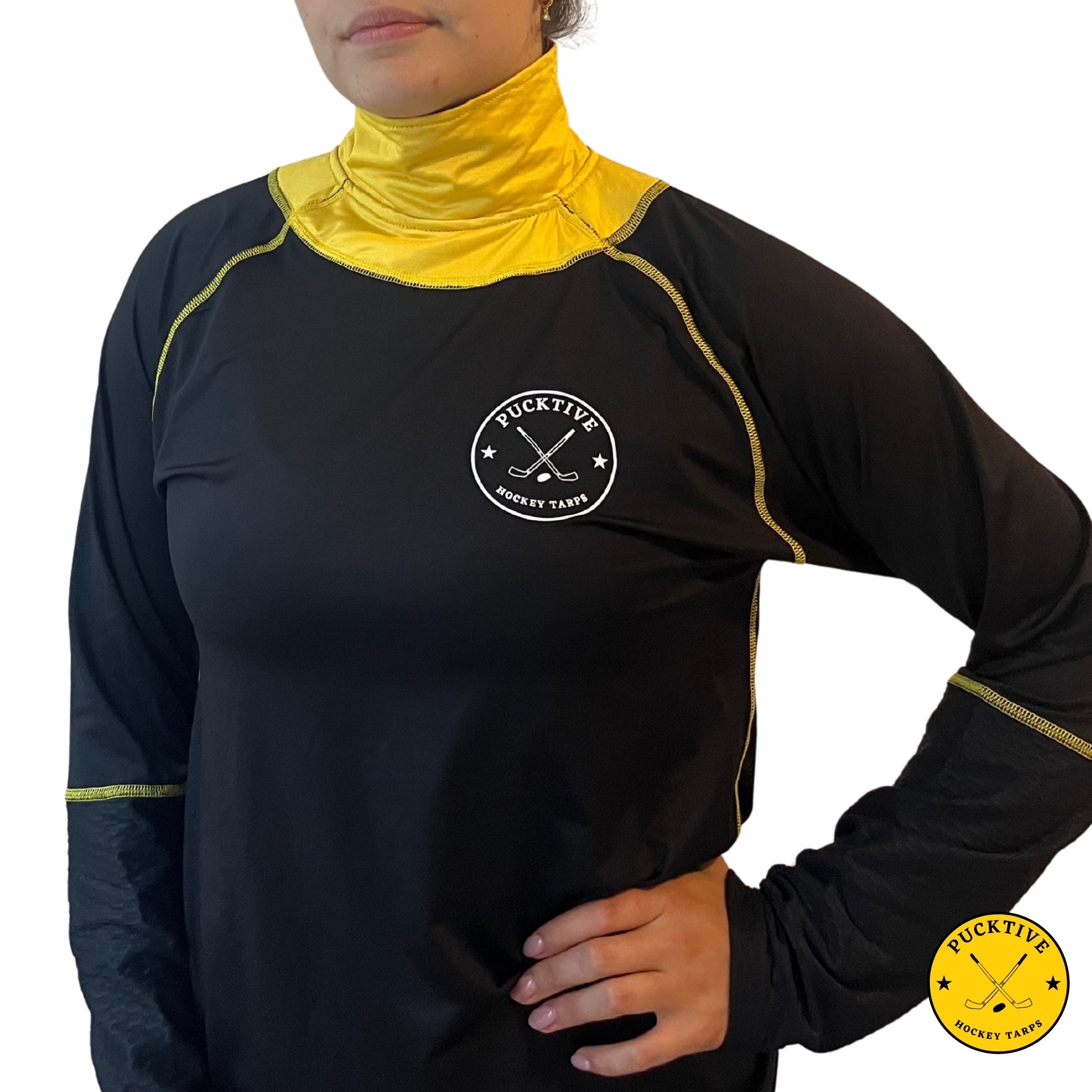 Girl’s Base A2 full hockey tarp in yellow neck guard design showing BNQ-tested neck and wrist cut protection.