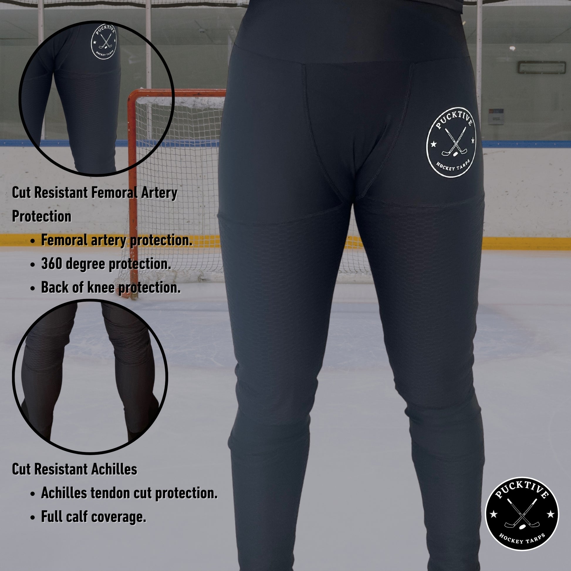 Cut-protection diagram for Girl’s Base A2 goalie leggings showing protected zones including groin, thigh, Achilles, and calf.