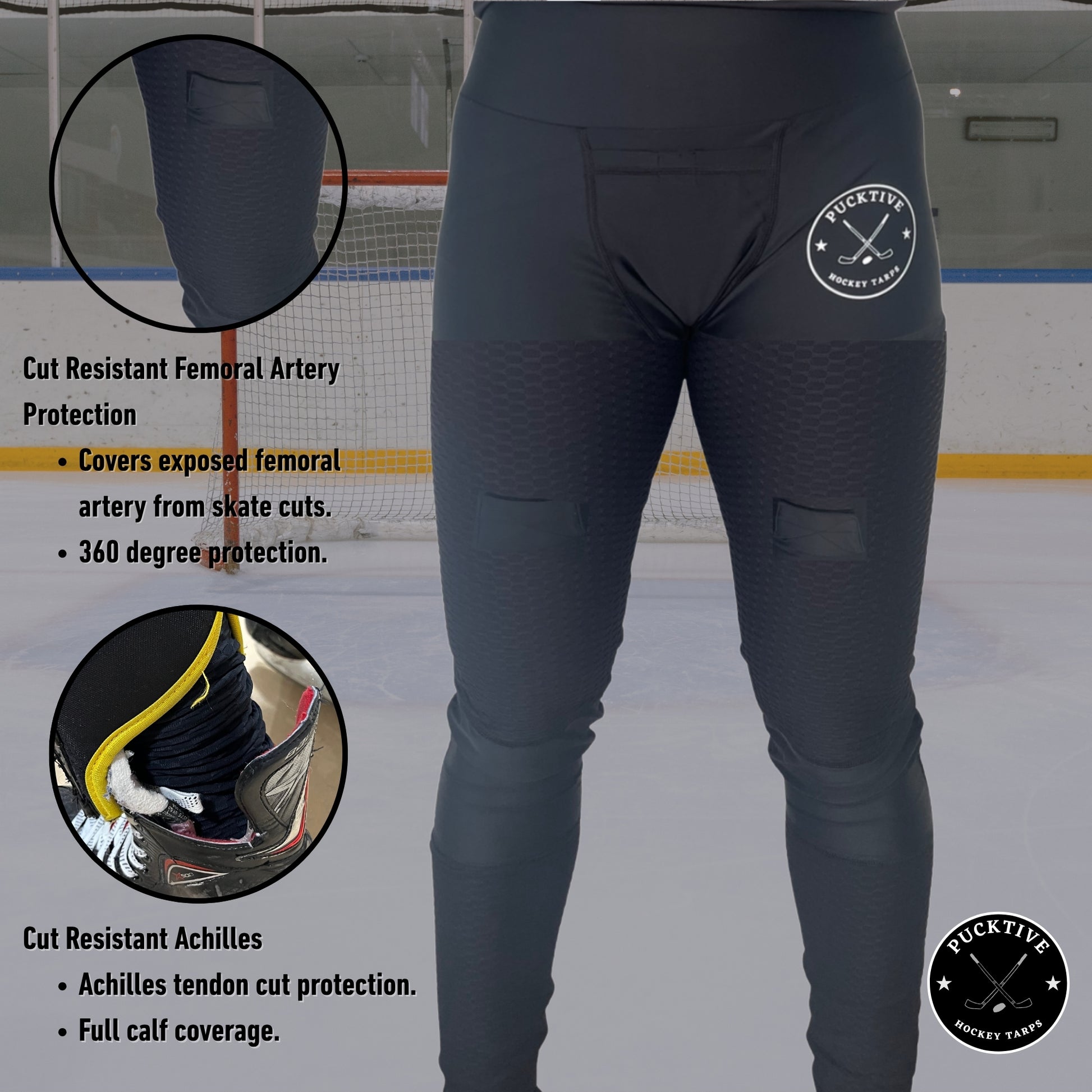 Diagram of Girl's Base A2 cut-resistant hockey jill leggings showing thigh, groin, femoral artery, calf, and Achilles protection zones.