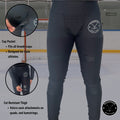 Feature breakdown of Girl’s Base A2 hockey jill leggings highlighting 4-way stretch, moisture-wicking fabric, lightweight design, and jill cup pocket with Velcro sock tabs.