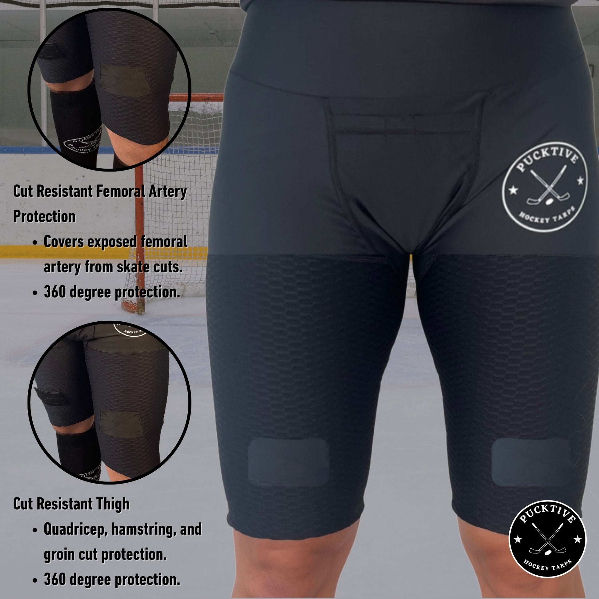 Cut-resistant zones diagram for Girl’s Base A2 hockey jill shorts showing femoral artery, groin, and thigh protection coverage.