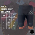 Size chart for Girl’s Base A2 cut-resistant hockey jill shorts including waist and length measurements.