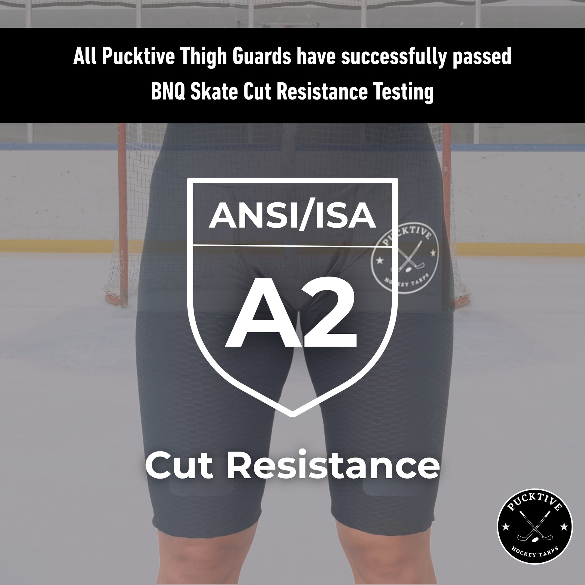 BNQ and ANSI testing overview for Girl's Base A2 cut-resistant hockey jill shorts showing verified cut-resistance ratings.