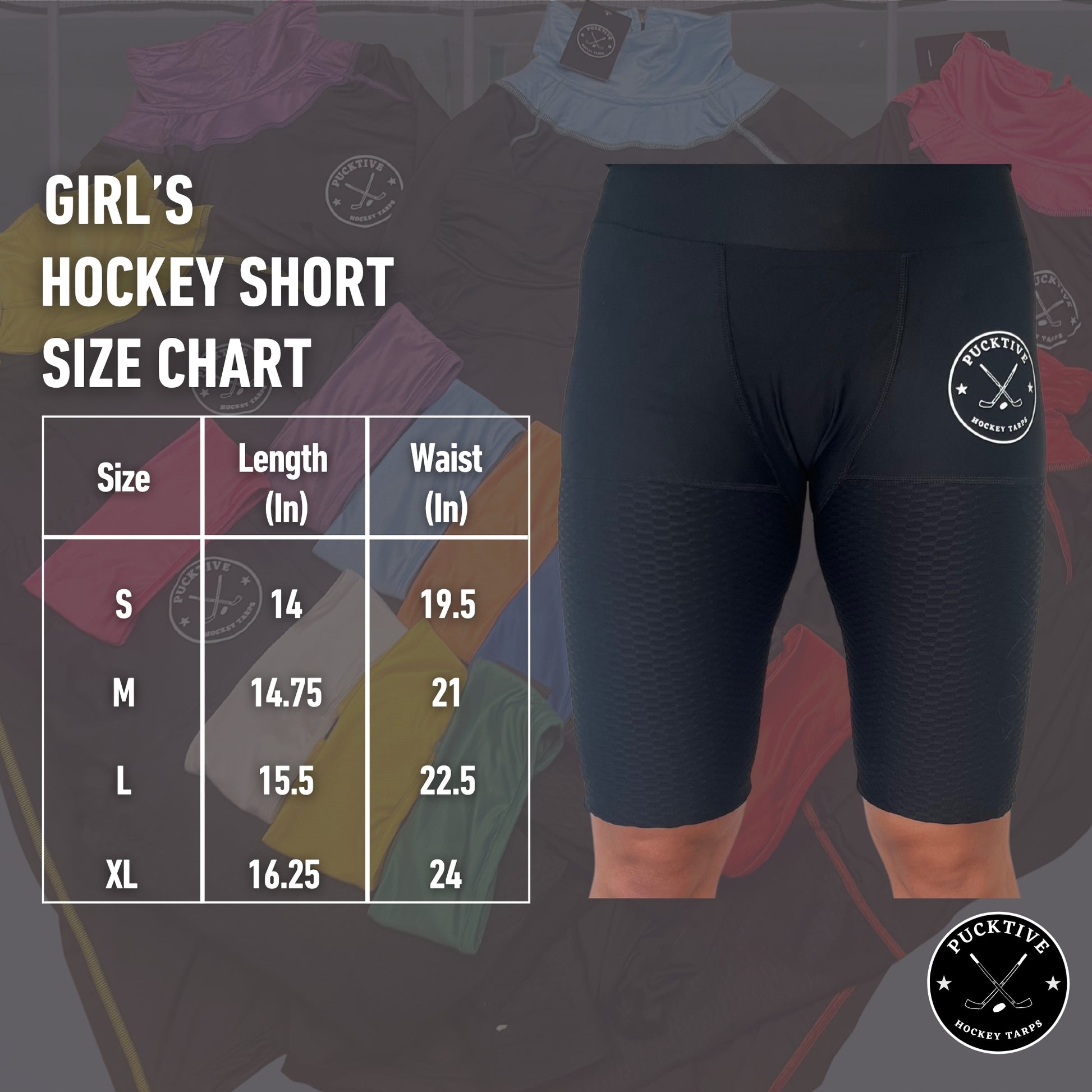 Size chart for Girl’s Base A2 cut-resistant hockey shorts including waist and length measurements.
