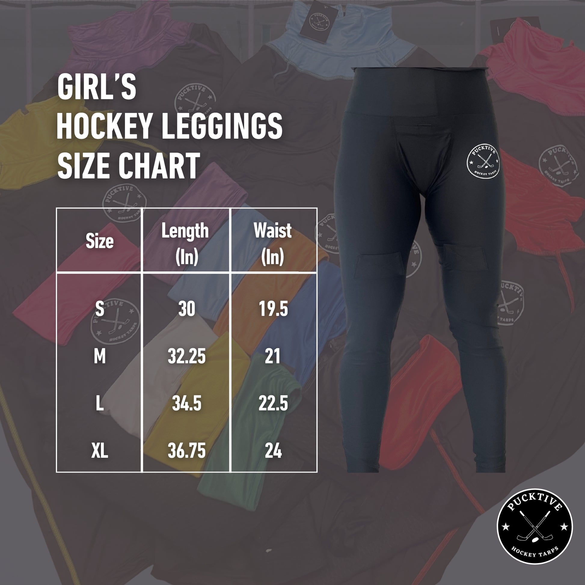 Girl's dry fit hockey jill leggings size chart showing waist, hip, and length measurements.