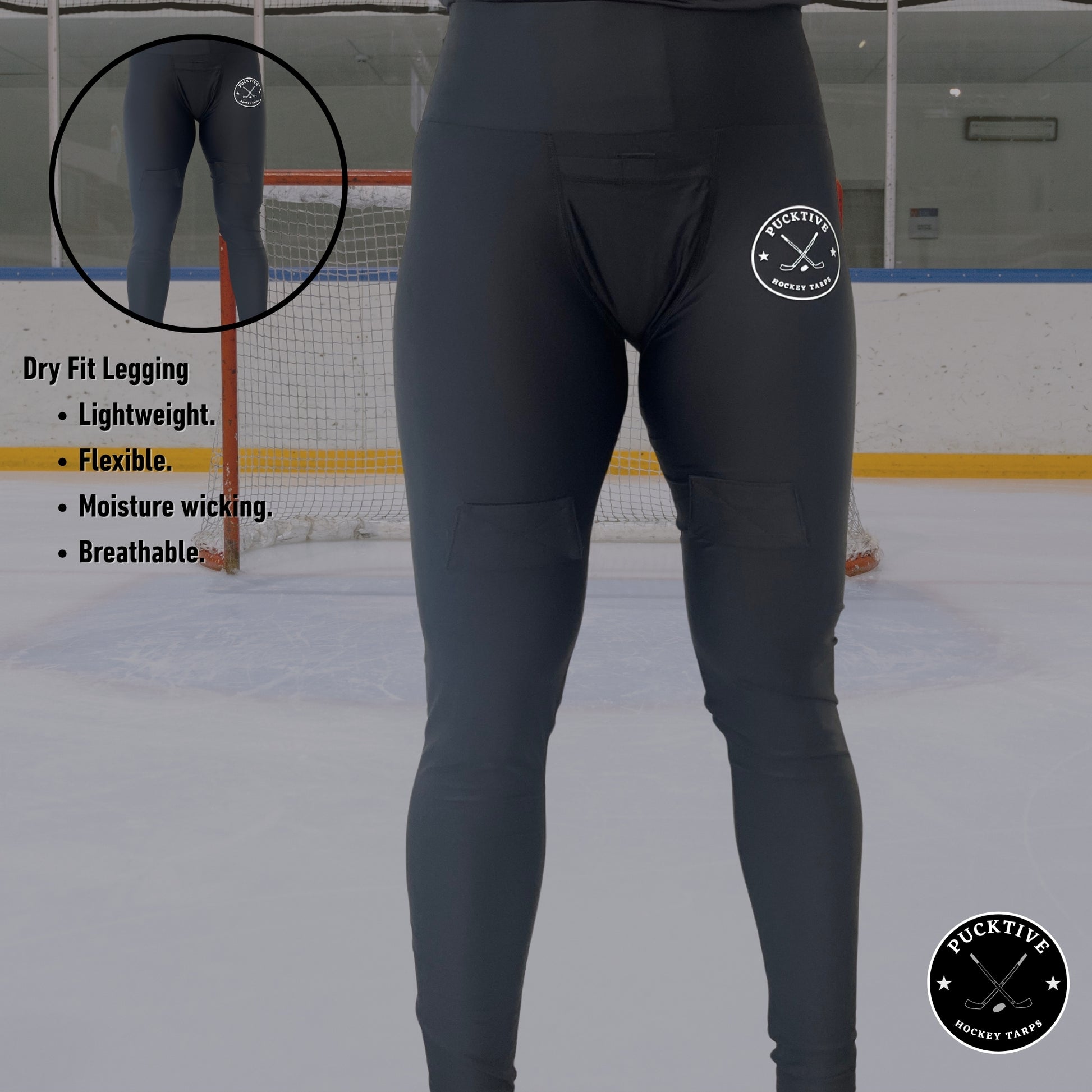 Feature summary page for girl’s dry fit hockey jill leggings highlighting moisture-wicking fabric, lightweight design, and 4-way stretch mobility.