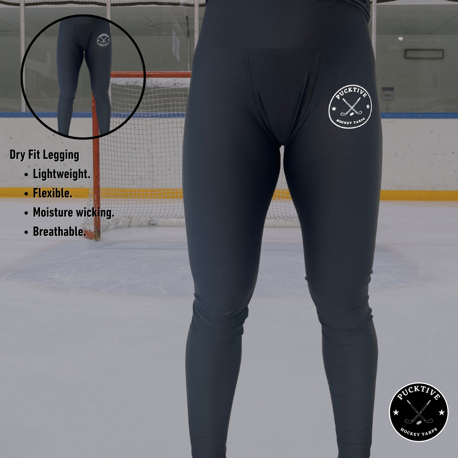 General information page for girl’s dry fit hockey leggings describing performance fabric, breathability, and compression fit.