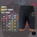 Size chart for Girl’s Dry-Fit Hockey Jill Shorts with waist measurements and fit guidelines.