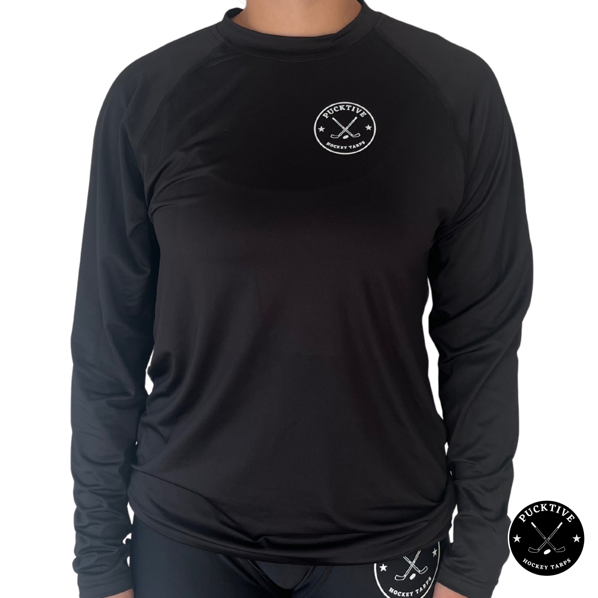 Front view of Girl's Dry Fit long sleeve hockey shirt showing lightweight moisture-wicking performance fabric.