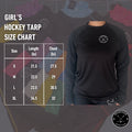 Size chart for Girl's Dry Fit long sleeve hockey shirt with measurements for youth fit.