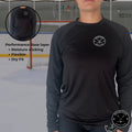 Girl's Dry Fit long sleeve hockey shirt features page showing breathable, moisture-control performance benefits.