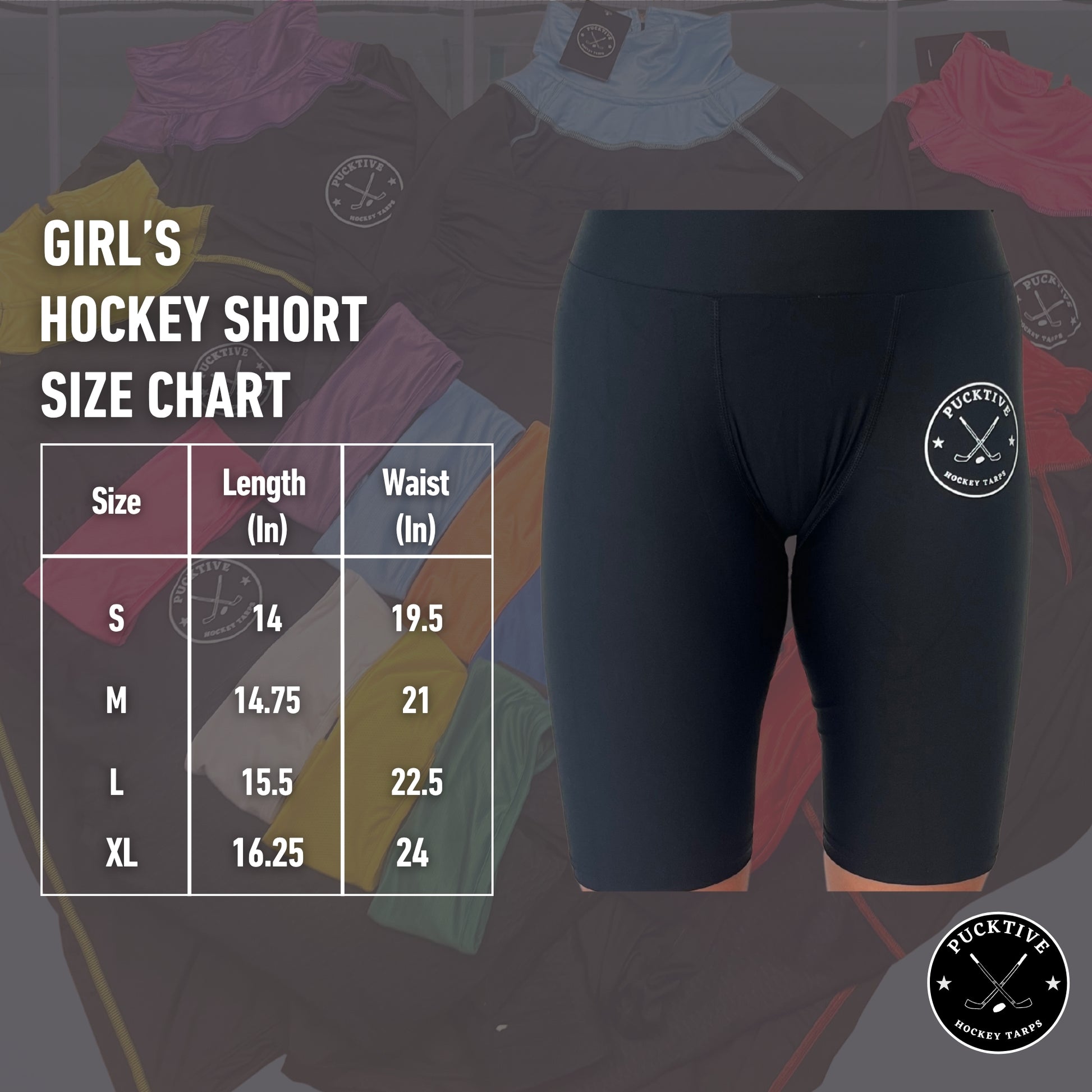 Size chart for Girl’s Dry-Fit Hockey Shorts with waist measurements and fit guidelines.