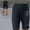 Girl’s Dry-Fit Hockey Shorts information graphic detailing lightweight design, moisture-wicking fabric, and cup pocket features.