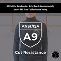 Cut protection diagram explaining ANSI A9 and BNQ-tested cut resistance in Pucktive Elite hockey tarps.