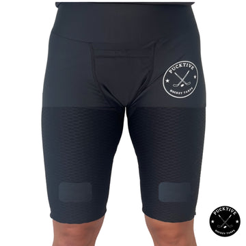 Front view of Girl’s Elite A9 cut-resistant hockey jill shorts with built-in cup pocket and Velcro sock tabs.