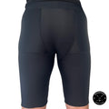 Rear view of Girl’s Elite A9 cut-resistant hockey shorts showing thigh and hamstring protection zones.
