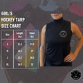 Size chart for Girl’s Elite A9 cut-resistant hockey tank top with measurement guide.