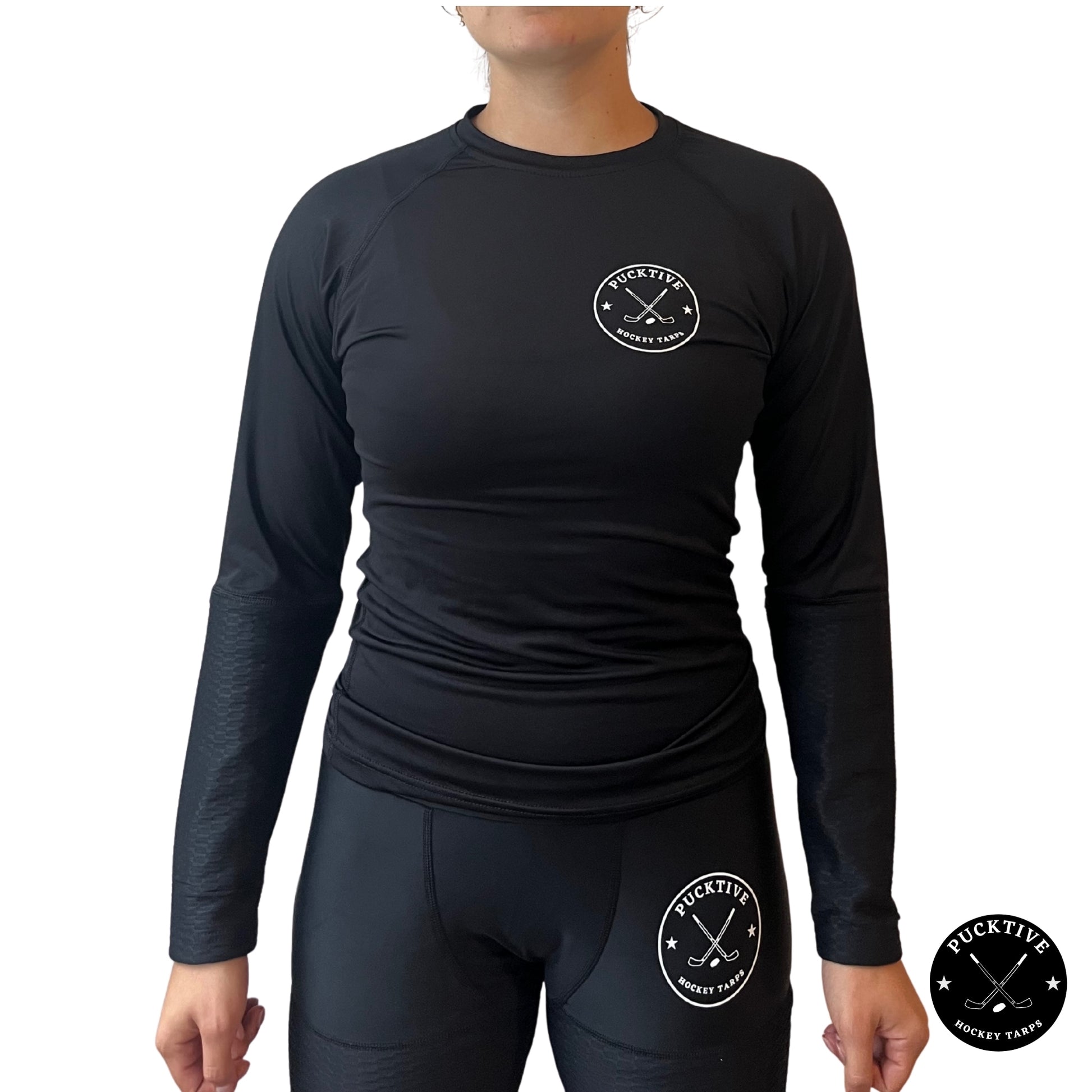 Front view of the Girl’s Elite A9 wrist-only cut-resistant long sleeve hockey shirt showing lightweight, breathable design.