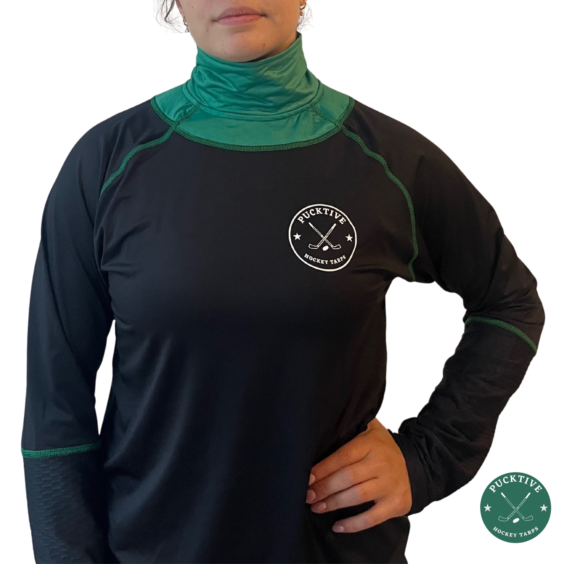 Girl’s Elite A9 full hockey tarp in green neck guard design showing BNQ-tested neck and wrist cut protection.