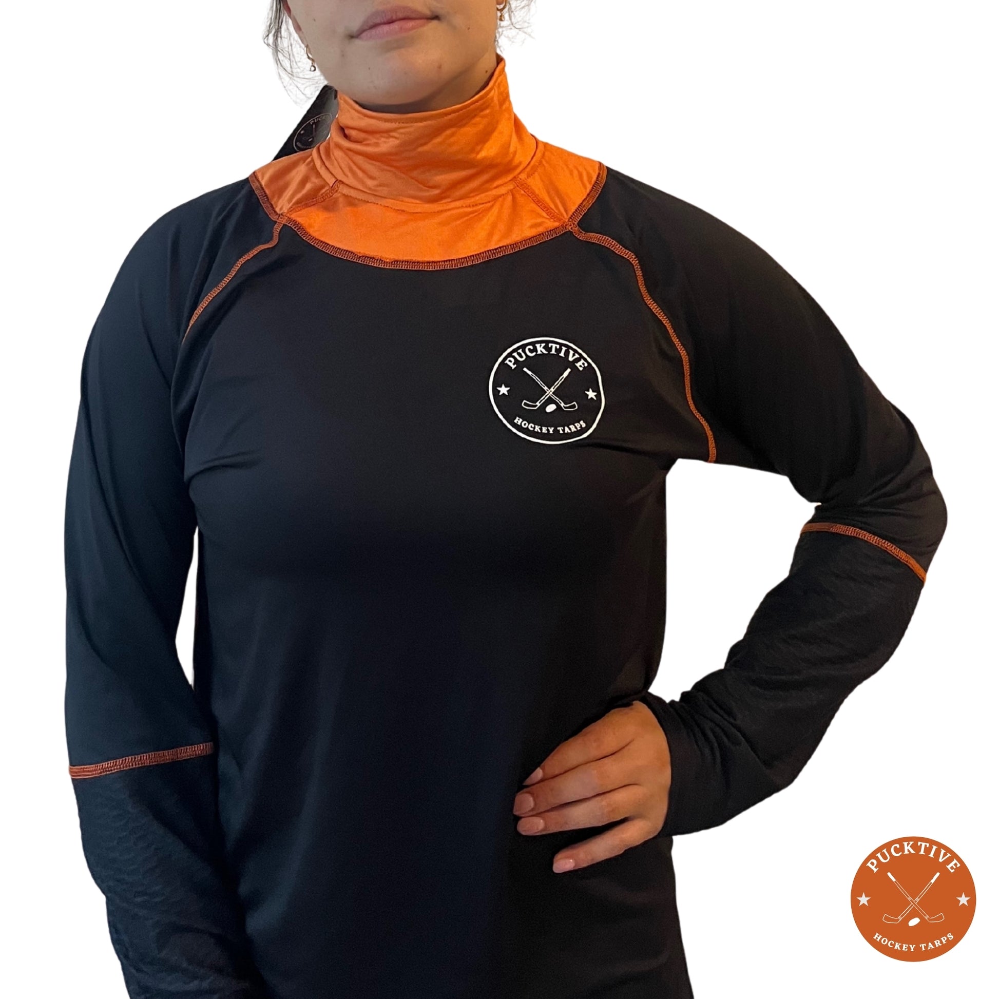 Girl's Elite A9 full hockey tarp in orange neck guard design showing BNQ-tested neck and wrist cut protection.