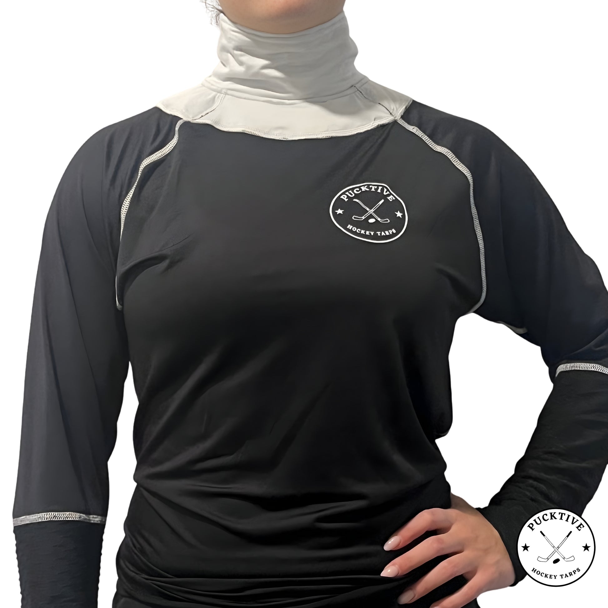 Girls’ Elite A9 full hockey tarp in white with coloured cut-resistant neck guard display, showing BNQ-tested protection.