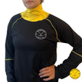 Girl’s Elite A9 full hockey tarp in yellow neck guard design showing BNQ-tested neck and wrist cut protection.