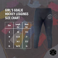 Girl’s Elite A9 cut-resistant goalie jill leggings size chart showing measurements for waist, hips, and inseam.