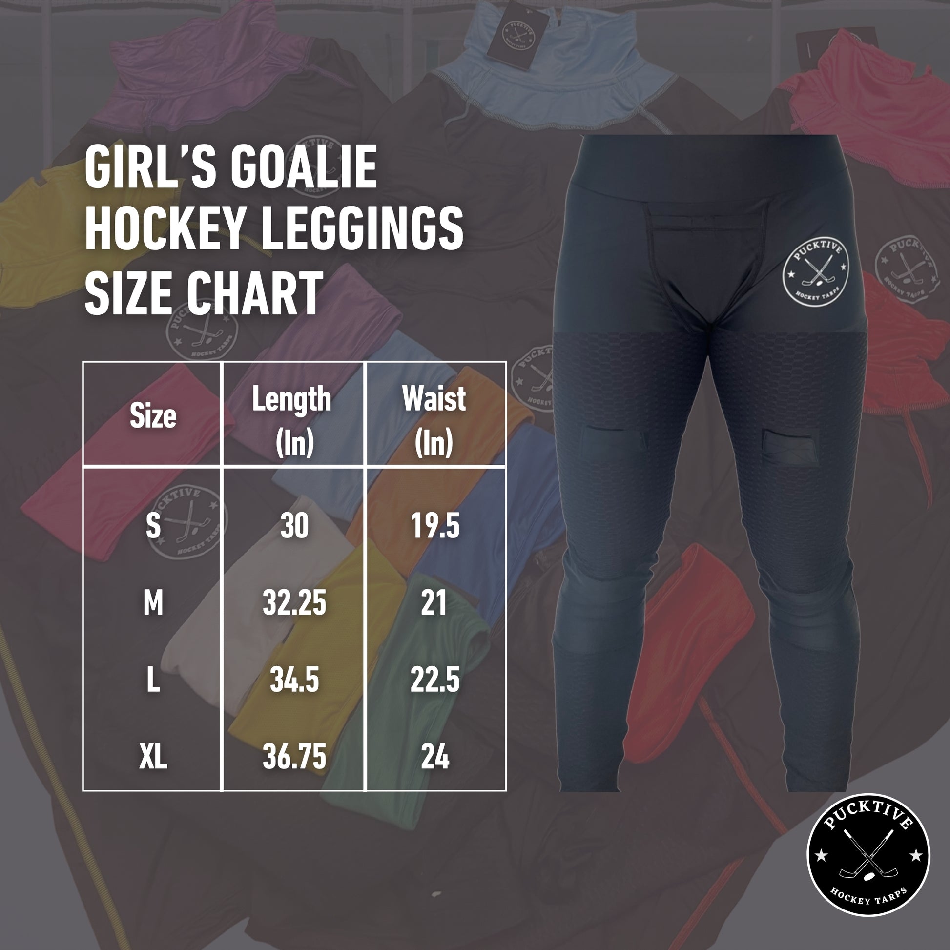 Girl’s Elite A9 cut-resistant goalie jill leggings size chart showing measurements for waist, hips, and inseam.