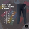 Girl’s Elite A9 cut-resistant goalie leggings size chart showing measurements for waist, hips, and inseam.