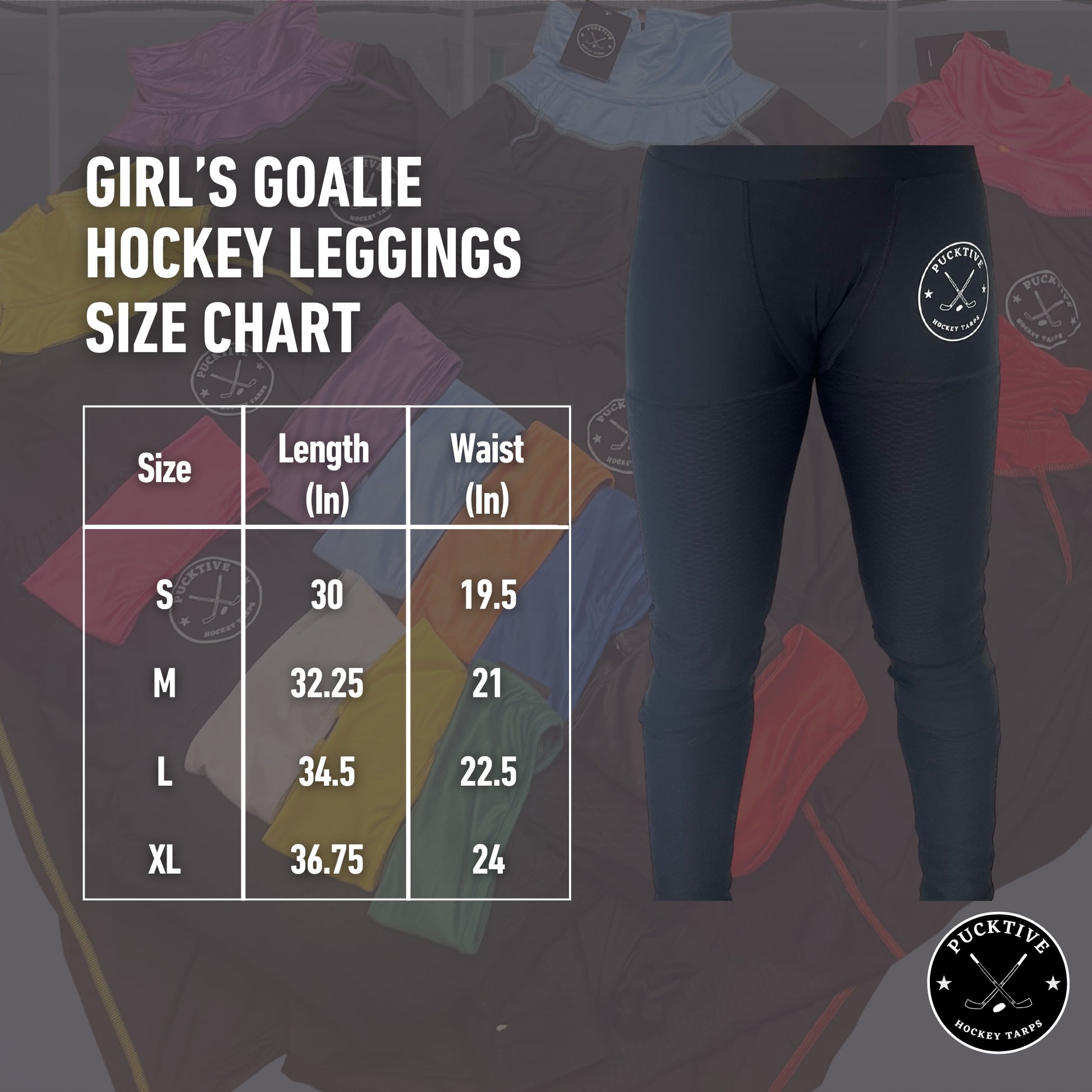 Girl’s Elite A9 cut-resistant goalie leggings size chart showing measurements for waist, hips, and inseam.
