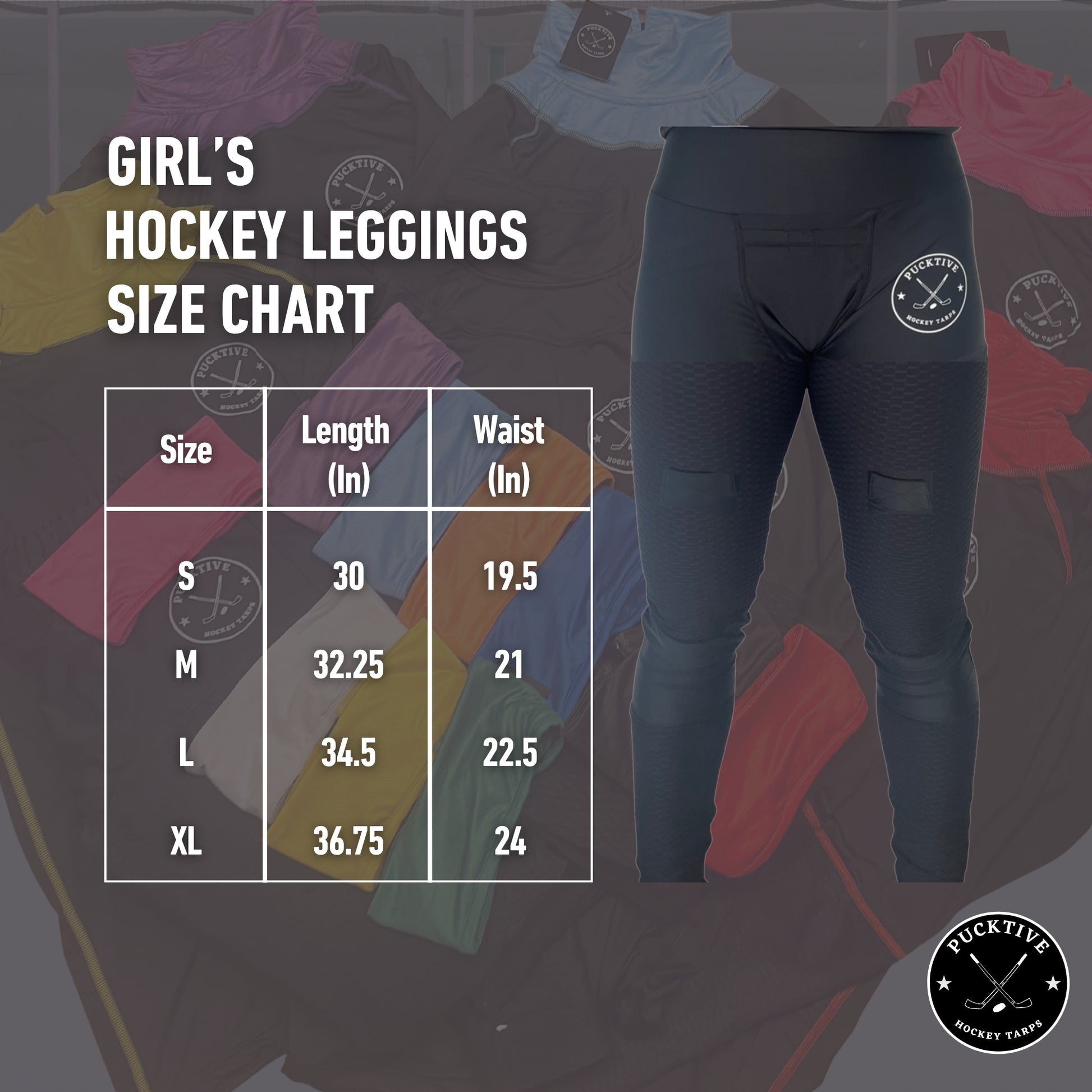 Girl's Elite A9 hockey jill leggings size chart with waist, hip, and length measurements.