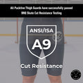BNQ and ANSI testing overview for Girl's Elite A9 cut-resistant hockey jill shorts showing verified cut-resistance ratings.