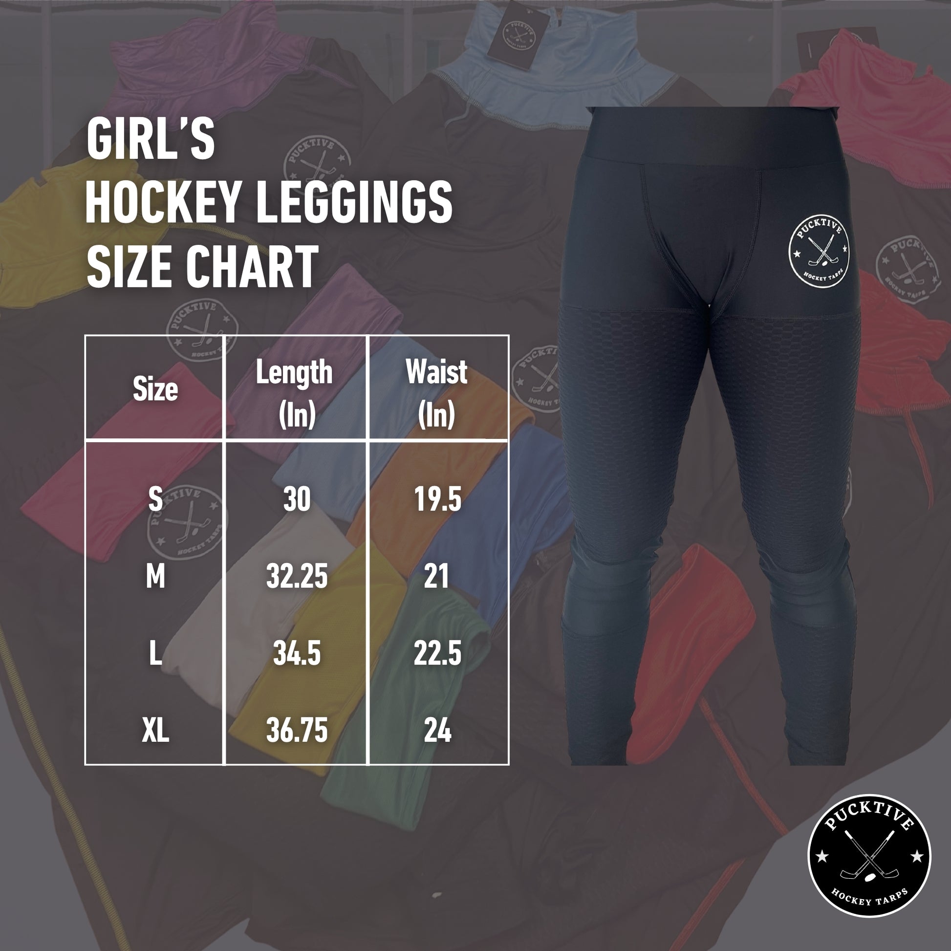 Girl's Elite A9 hockey leggings size chart with waist, hip, and length measurements.