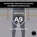 BNQ and ANSI cut-resistance testing information page for Girl’s Elite A9 hockey leggings.