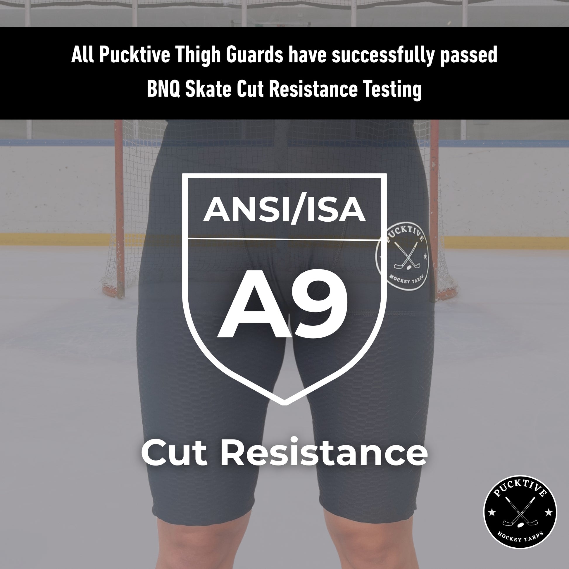 BNQ and ANSI testing overview for Girl's Elite A9 cut-resistant hockey shorts showing verified cut-resistance ratings.
